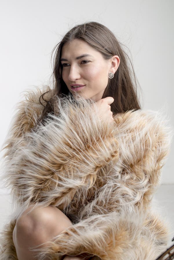 Beautiful Model Woman Girl Brunette in a Fur Coat Stock Photo - Image ...