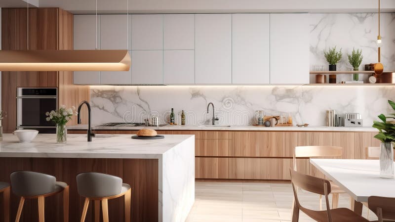Beautiful modern kitchen with white marble countertops, Generative AI royalty free illustration