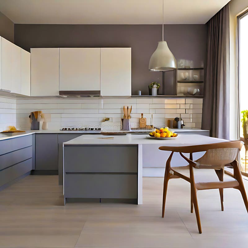 Beautiful Modern White and Grey Kitchen Interior Design. Generative AI