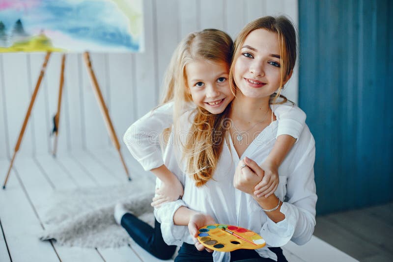Beautiful Mom and Daughter are Drawing Stock Photo - Image of child ...