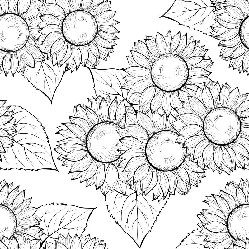 Beautiful monochrome black and white seamless background with sunflowers. Hand-drawn contour lines and strokes.