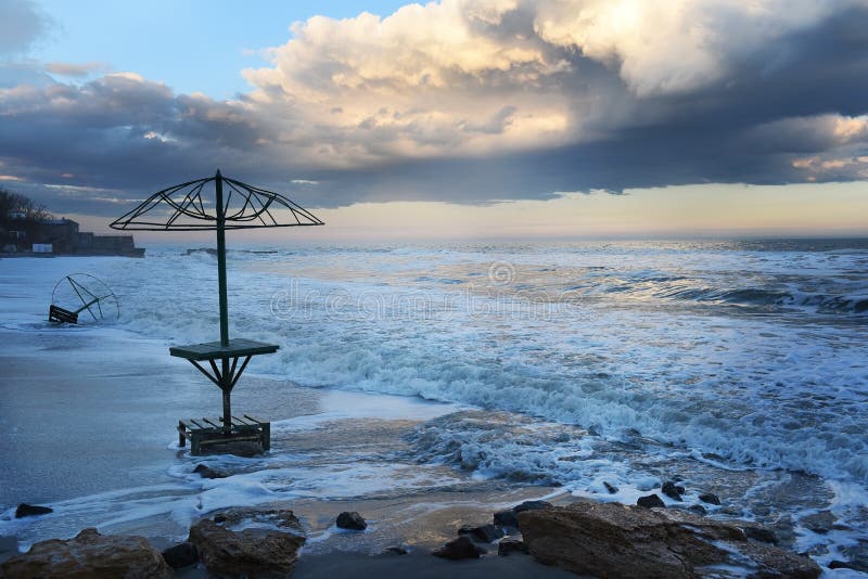 Beautiful morning on a deserted beach. Resort city in off season. Ukraine. Odessa. Black Sea. stock photo Beautiful morning on a deserted beach. Resort city in off season. Ukraine. Odessa. Black Sea. stock photo