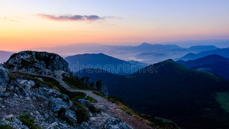 Beautiful morning landscape during sunrise from above. Velky Rozsutec, Mala Fatra