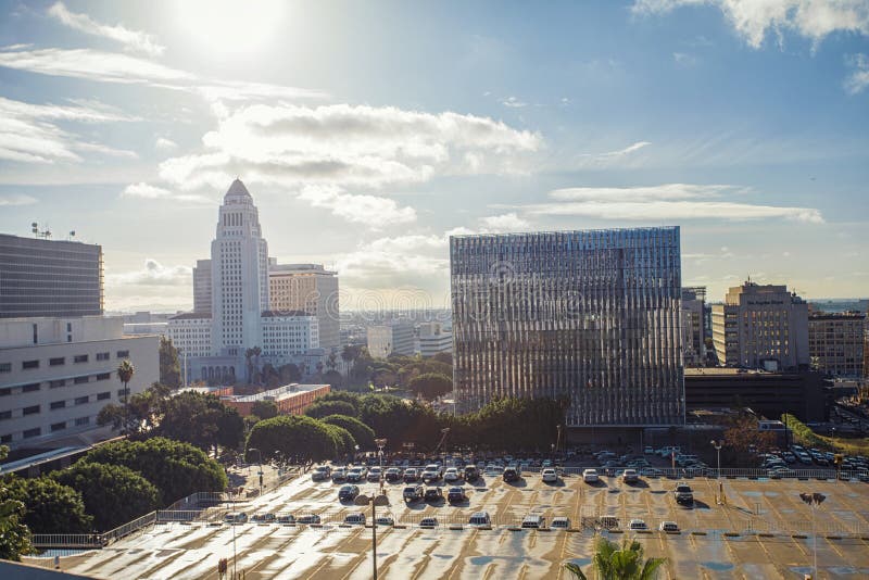 Beautiful morning panorama of downtown Los Angeles overlooking City Hall, Court and LA times buildings. stock photo Beautiful morning panorama of downtown Los Angeles overlooking City Hall, Court and LA times buildings. stock photo