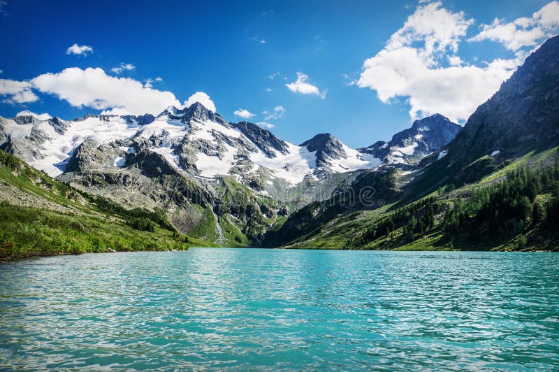 Beautiful mountain lake with turquoise Multinskoe Chita clear water in the Altai Republic Siberia Russia