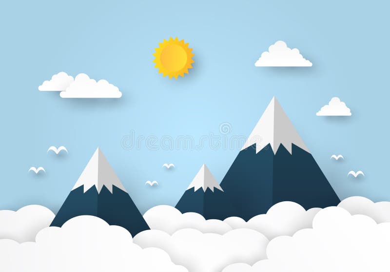 Beautiful mountain landscape with clouds and sun on blue background, paper art style vector illustration Beautiful mountain landscape with clouds and sun on blue background, paper art style vector illustration