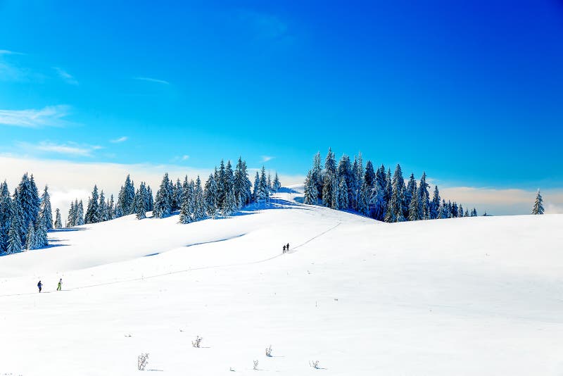 Beautiful mountain landscape and snowy paths in the snow with tourists.