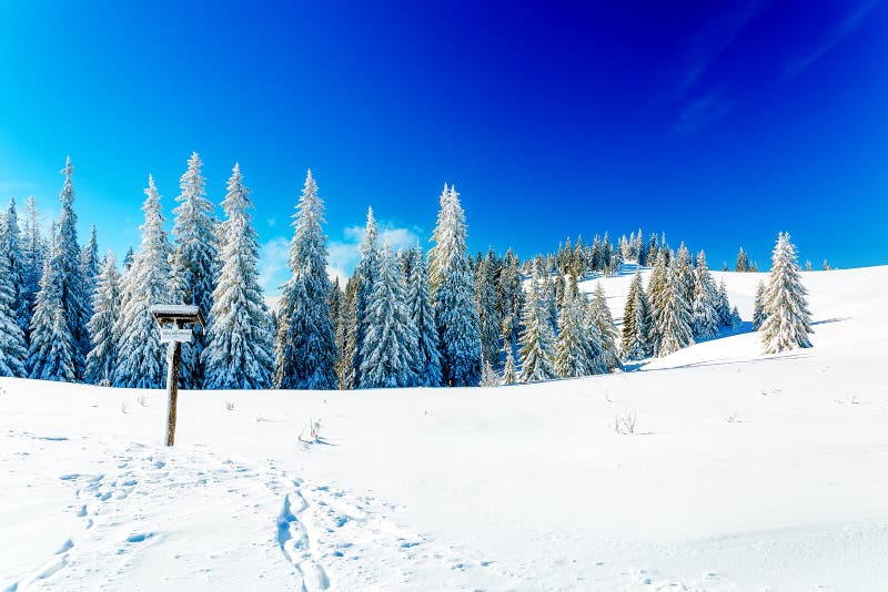 Beautiful mountain snowy landscape and turistic destination sign.