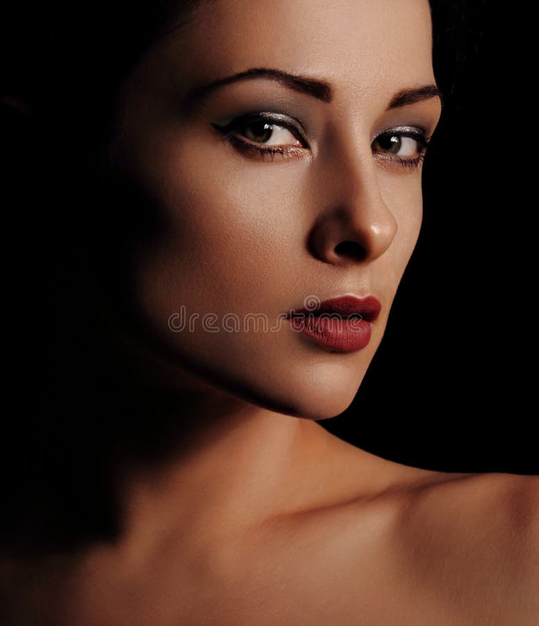 Beautiful Mysterious Woman Makeup Face and Healthy Volume Brown Hair ...