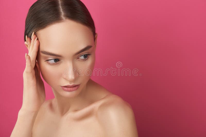 Beautiful Naked Lady With Perfect Skin Standing Against Pink Background