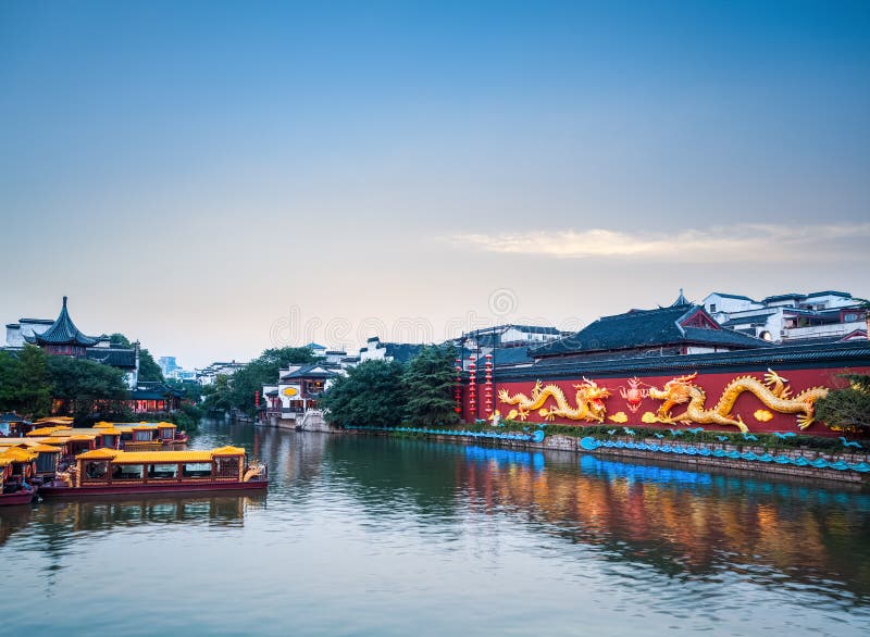 Beautiful nanjing confucius temple at dusk stock photo