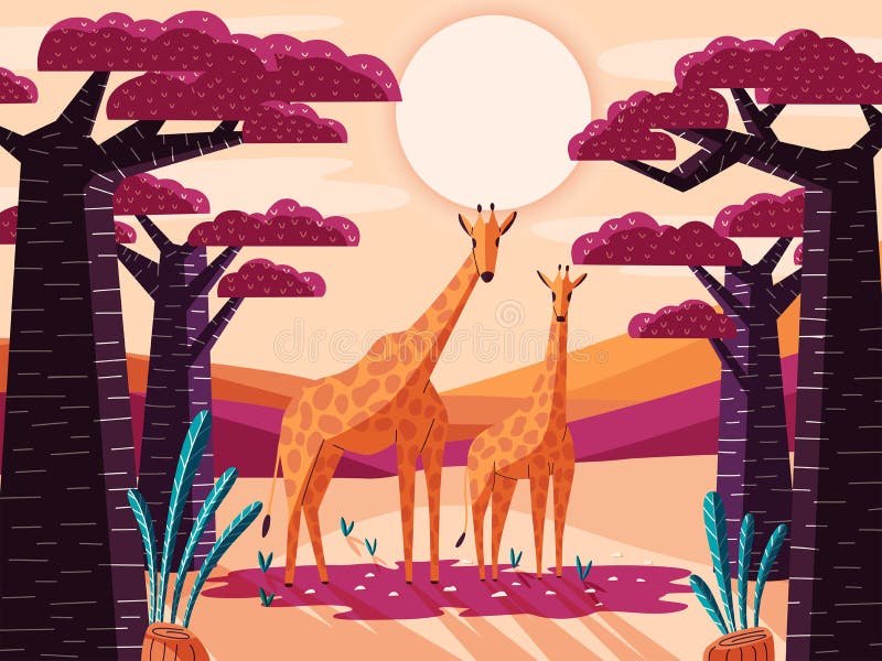 Beautiful natural savannah landscape with giraffes and baobab trees. Panoramic colorful illustration with wild animals. stock illustration