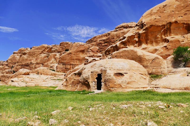 Sandstone Hills and Rock-Cut Structure in Little Petra, Jordan