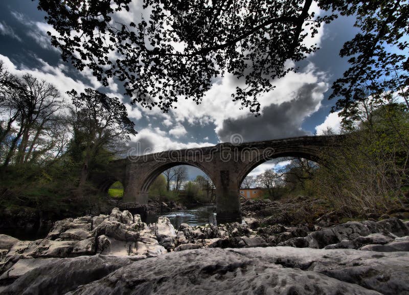 Beautiful nature full of green trees and flowers and in the background is a river and an interesting bridge