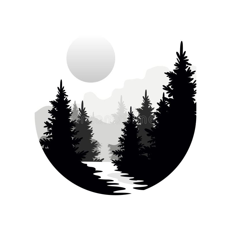 Beautiful nature landscape with silhouettes of forest coniferous trees, mountains and sun, natural scene icon in