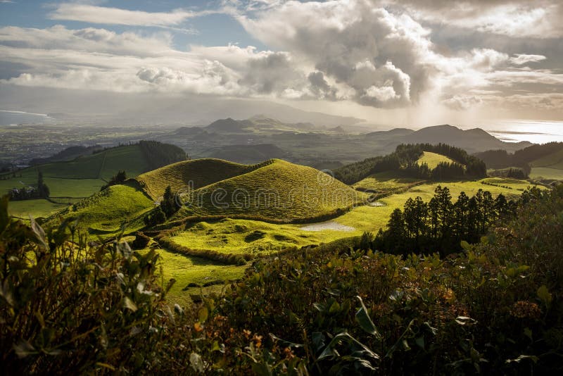 Beautiful nature view on Azores islands, green nature fields and hills. Amazing Azores.