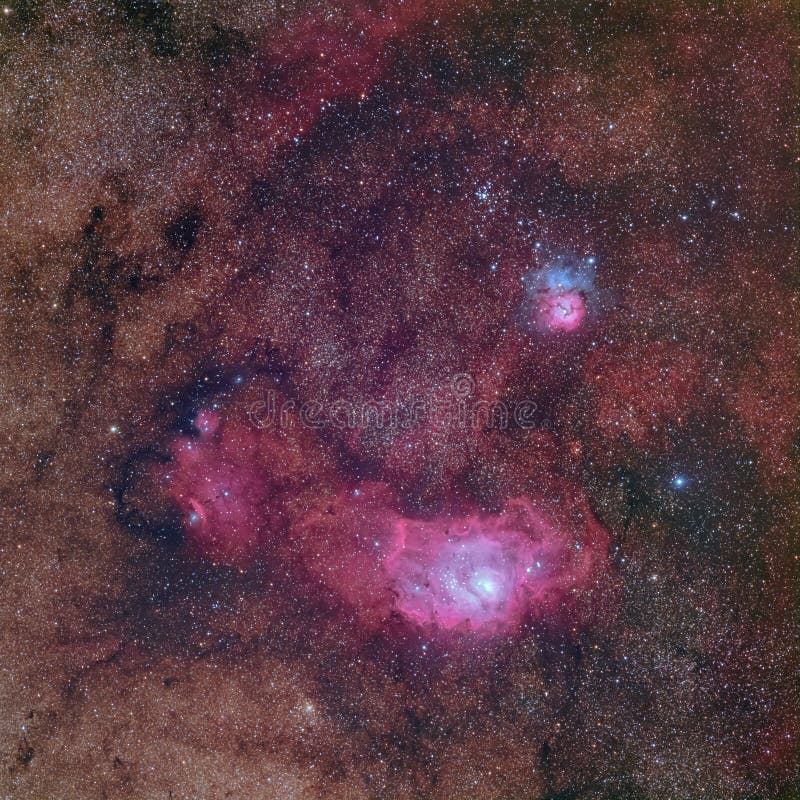 Beautiful nebulae in rich Milky way star field in the constellation Sagittarius including M8 the Lagoon nebula, M20 the Triffid ne royalty free stock photo Beautiful nebulae in rich Milky way star field in the constellation Sagittarius including M8 the Lagoon nebula, M20 the Triffid ne royalty free stock photo