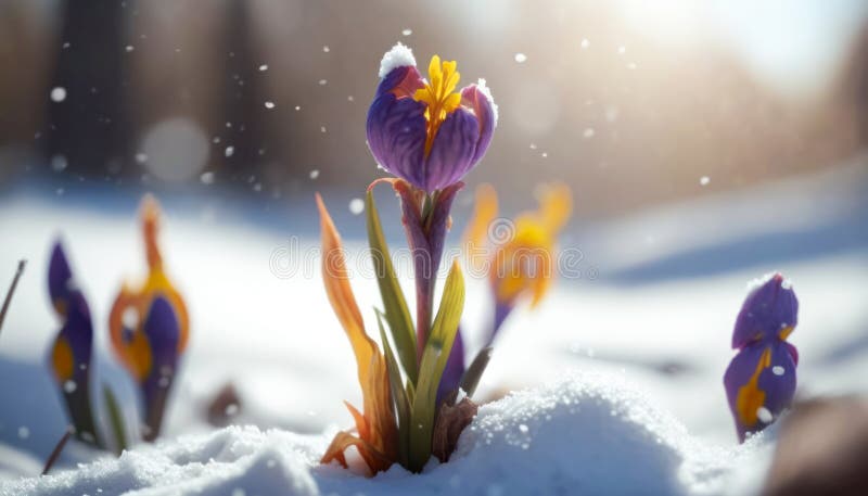 Beautiful Netted iris Emerging from Snow at the edge of a forest on a bright Spring sunny day royalty free illustration