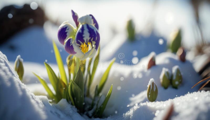 Beautiful Netted iris Emerging from Snow at the edge of a forest on a bright Spring sunny day royalty free illustration