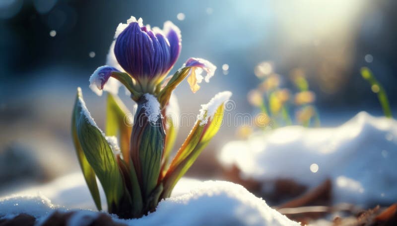 Beautiful Netted iris Emerging from Snow at the edge of a forest on a bright Spring sunny day vector illustration