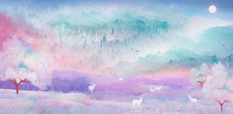 On a beautiful night, sika deer play in the picturesque landscape under the cherry trees royalty free illustration On a beautiful night, sika deer play in the picturesque landscape under the cherry trees royalty free illustration