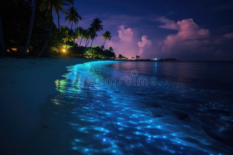 Beautiful night view of a tropical beach in the Maldives, Bioluminescence, Night beach scene in the Maldives with bioluminescent plankton illuminating the waterline, AI Generated