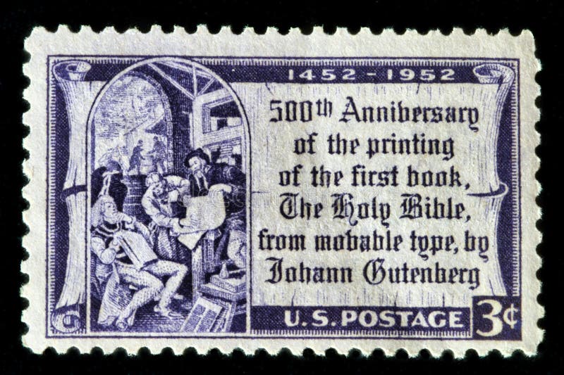 1952 U.S. Postage Stamp1014 commemorating the 500th anniversary of the printing of the first book, the Bible by Gutenberg