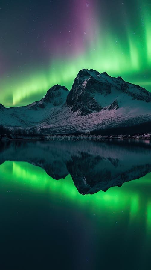 Beautiful Northern Lights Above Mountain and River. Generative AI Stock Photo Image of star