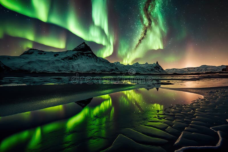 Beautiful Northern Lights Landscape. Aurora Borealis Above Mountains  Reflected in the Sea Stock Illustration - Illustration of beautiful,  people: 270524547