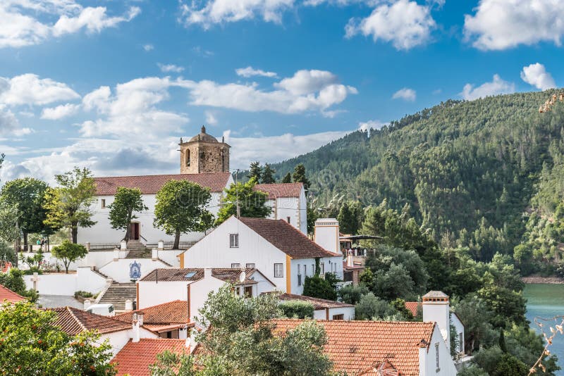 Beautiful view of the village of Dornes with its houses and old pentagonal Templar tower of the castle,Ferreira do ZÃªzere PORTUGA