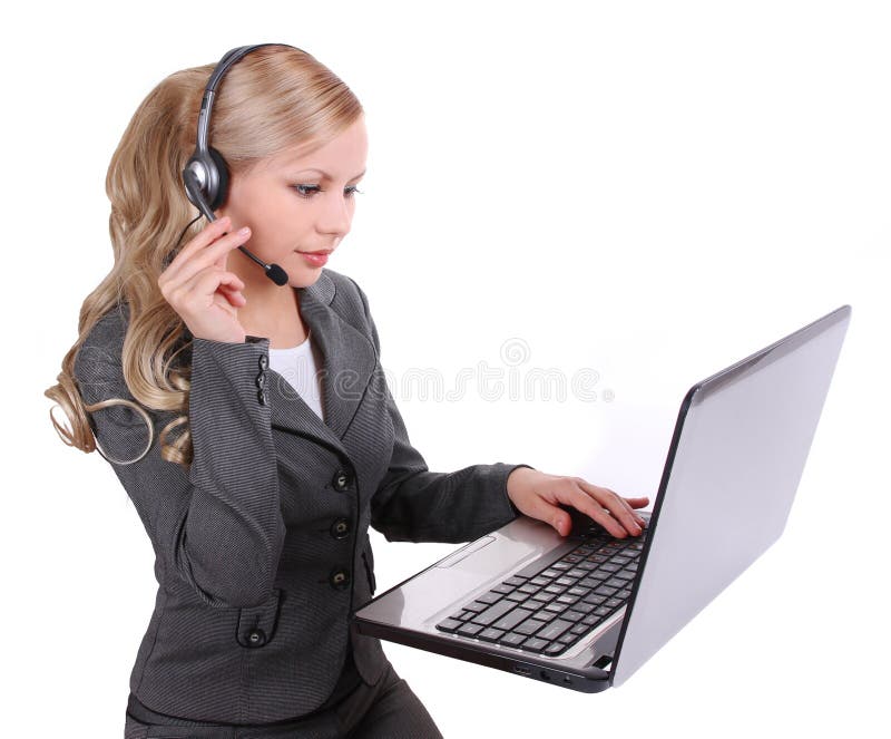 Beautiful operator with laptop isolated on white stock photography Beautiful operator with laptop isolated on white stock photography