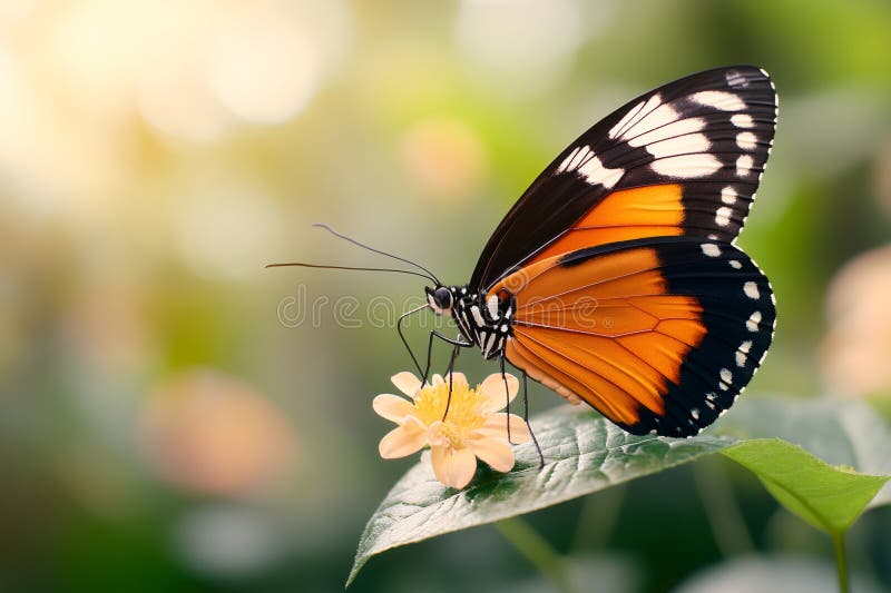 Beautiful orange, black and white common tiger butterfly feeding on a small flower royalty free illustration