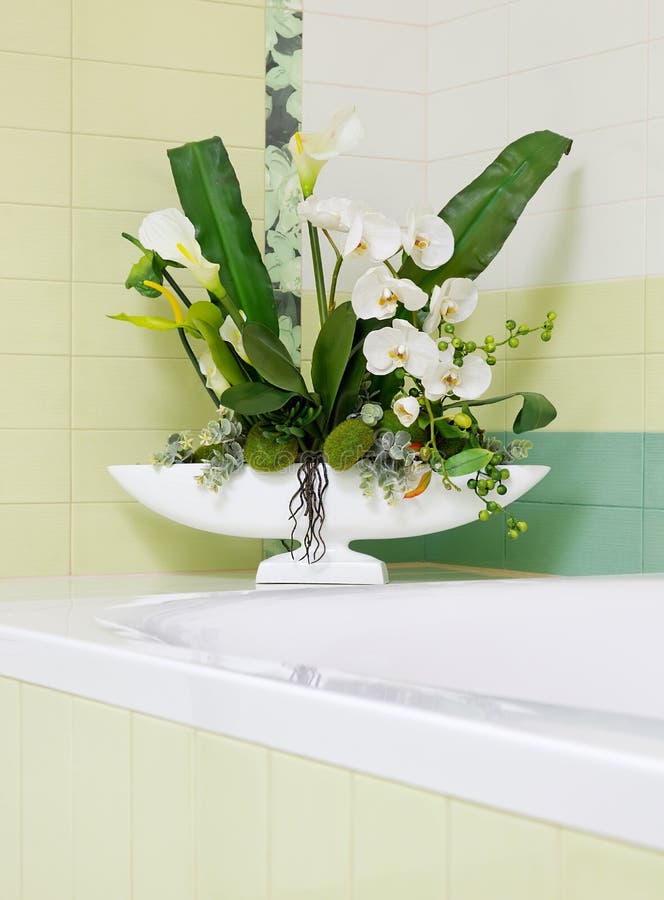 Beautiful Orchid Flower Decor in Bathroom Design Stock Photo Image of