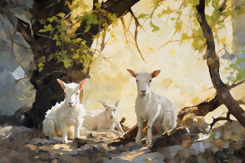 Frumoasă pictură a unei familii de capre care se odihnește sub copacii din pădure. animale de fermă. ilustrare cu caracter generativ.