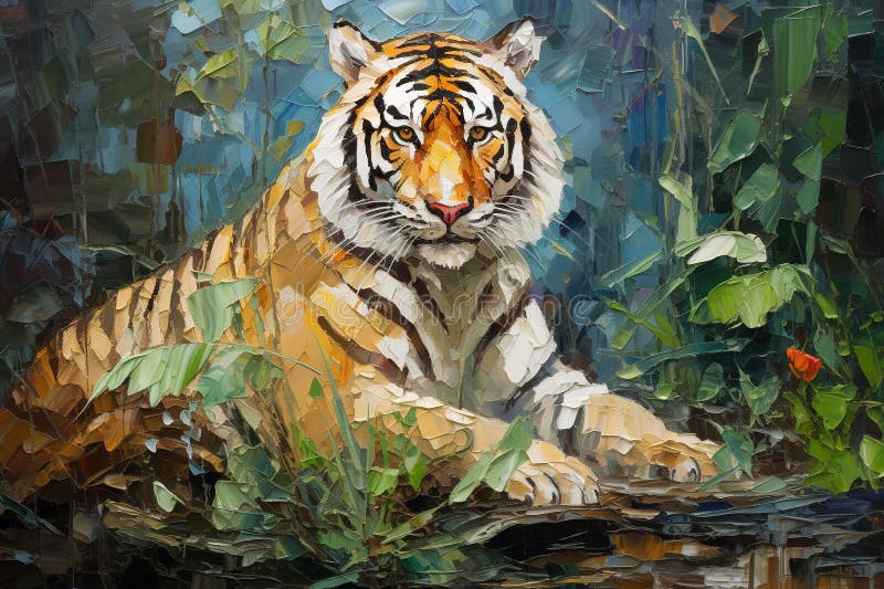 Tiger in the rain. 3D rendering. Digital painting., Ai Generative