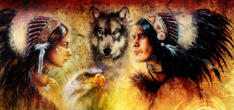 Beautiful painting of an young indian man and woman accompanied with wolf and eagle on yellow ornament background.