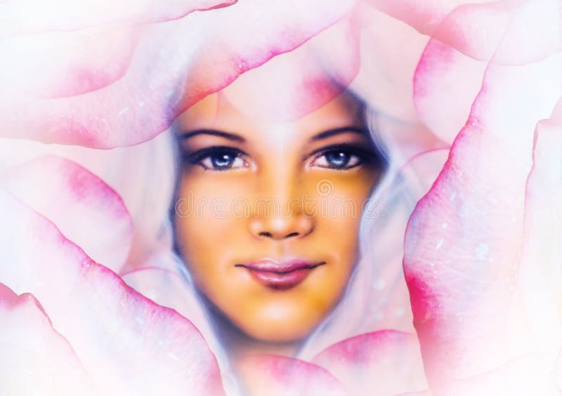 Beautiful painting of a young woman angelic face with blue eye , on abstract rose flower background, pink colored