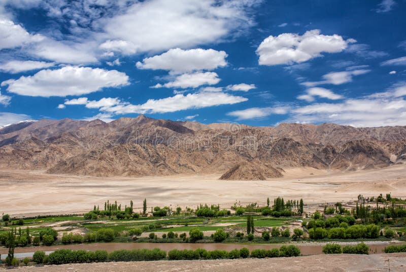 Beautiful panorama of green Indus valley near Leh city in Ladakh, India stock images Beautiful panorama of green Indus valley near Leh city in Ladakh, India stock images