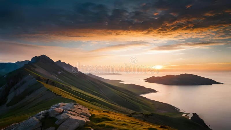 Beautiful panorama of the sky with orange reflections of sunset light and equipped with a beach underneath