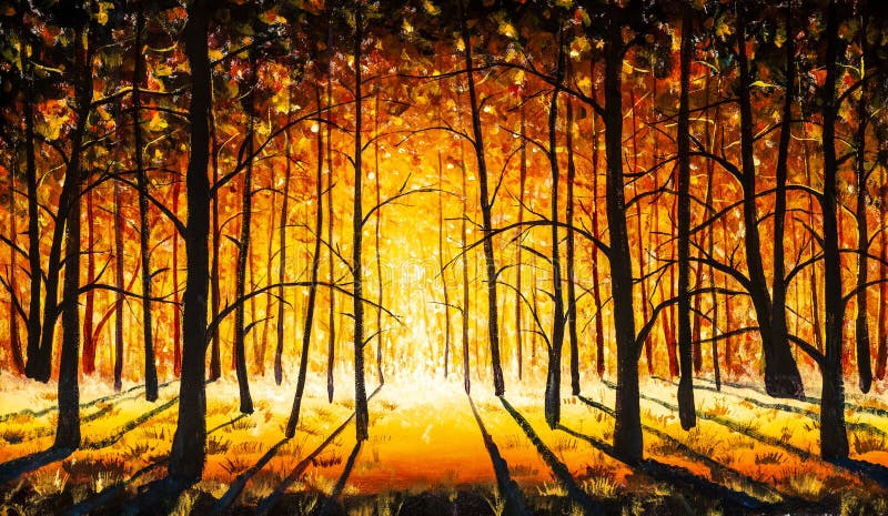 Beautiful panorama sunrise sunset in autumn orange forest original oil painting. Trees lit by sun impressionism park alley forest. Beautiful panorama sunrise sunset in autumn orange forest original oil painting. Trees lit by sun impressionism park alley forest