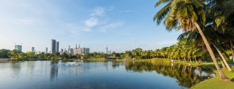 Beautiful panorama view of the Kuala Lumpur skyline at Titiwangsa Lake Gardens, Malaysia