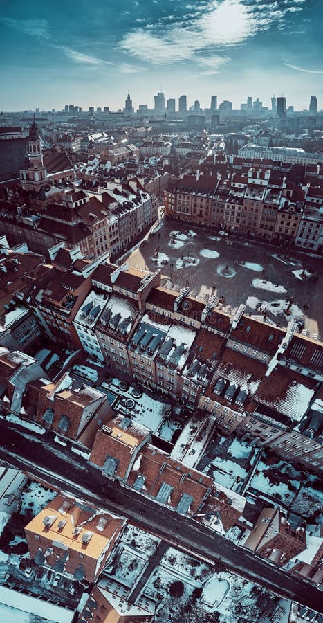 Beautiful Panoramic Aerial Drone Skyline Sunset View Of The Warsaw City