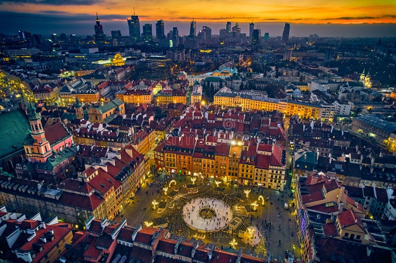 Beautiful Panoramic Aerial Drone Skyline Sunset View Of The Warsaw City