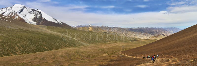 Beautiful panoramic landscape with Kang Yatze mountain and a donkey caravan from under Gongmaru La pass, Himalayas, Ladakh, India stock image Beautiful panoramic landscape with Kang Yatze mountain and a donkey caravan from under Gongmaru La pass, Himalayas, Ladakh, India stock image