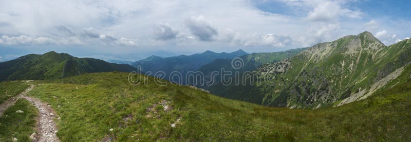 Beautiful panoramic mountain landscape, view from Banikov peak on Western Tatra mountains or Rohace panorama. Sharp