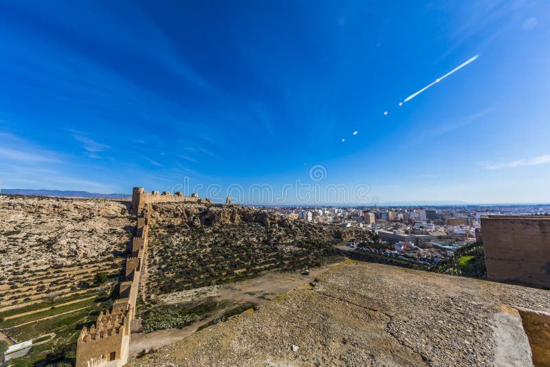 Beautiful panoramic view of the Alcazaba wall with the city of AlmerÃa in the background stock images Beautiful panoramic view of the Alcazaba wall with the city of AlmerÃa in the background stock images