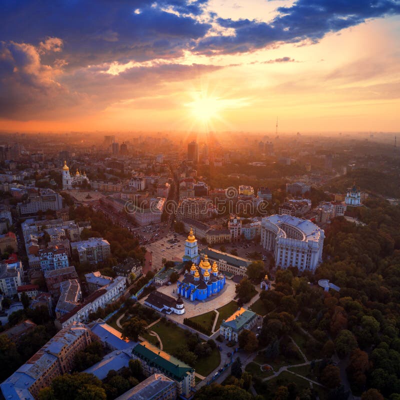 Panoramic view of the city of Kiev. Aerial view of St. Michael`s Golden-Domed Monastery and Sophia Cathedral in the