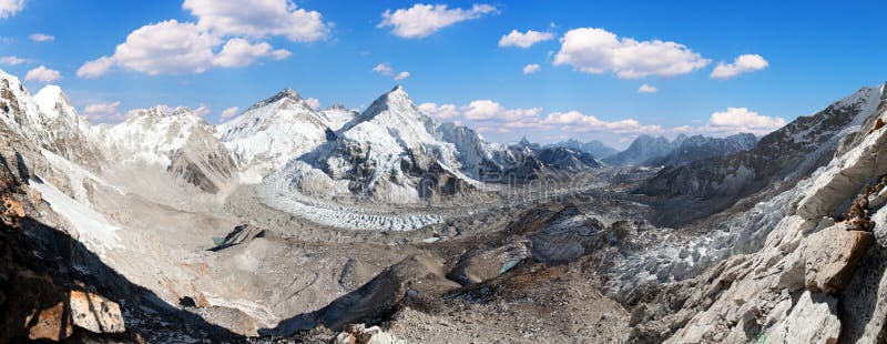 Beautiful panoramic view of mount Everest, Lhotse and Nuptse from Pumo Ri base camp - way to Everest base camp, Khumbu valley,. Sagarmatha national park royalty free stock photo Beautiful panoramic view of mount Everest, Lhotse and Nuptse from Pumo Ri base camp - way to Everest base camp, Khumbu valley,. Sagarmatha national park royalty free stock photo