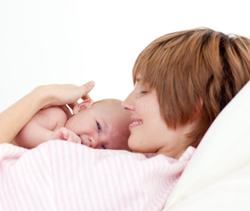 Beautiful Patient with Newborn Baby in Bed Stock Photo Image of