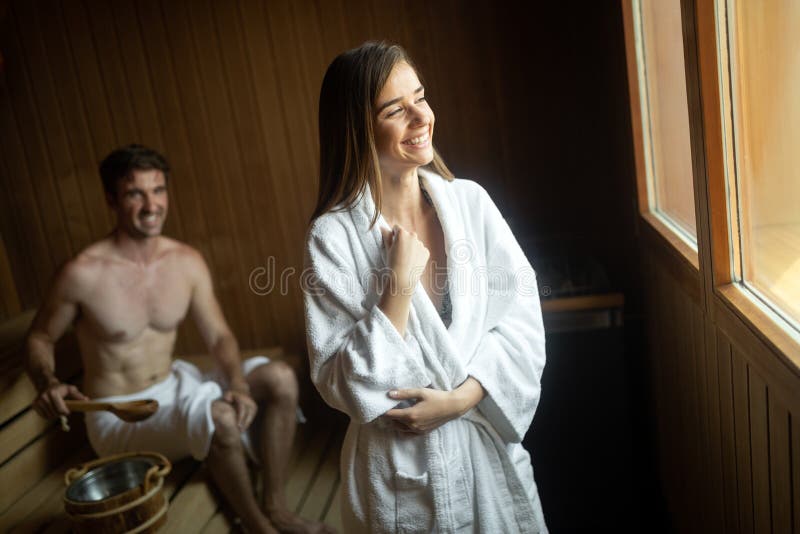 People in Bathrobes Using Sauna at Spa Resort Stock Image Image of
